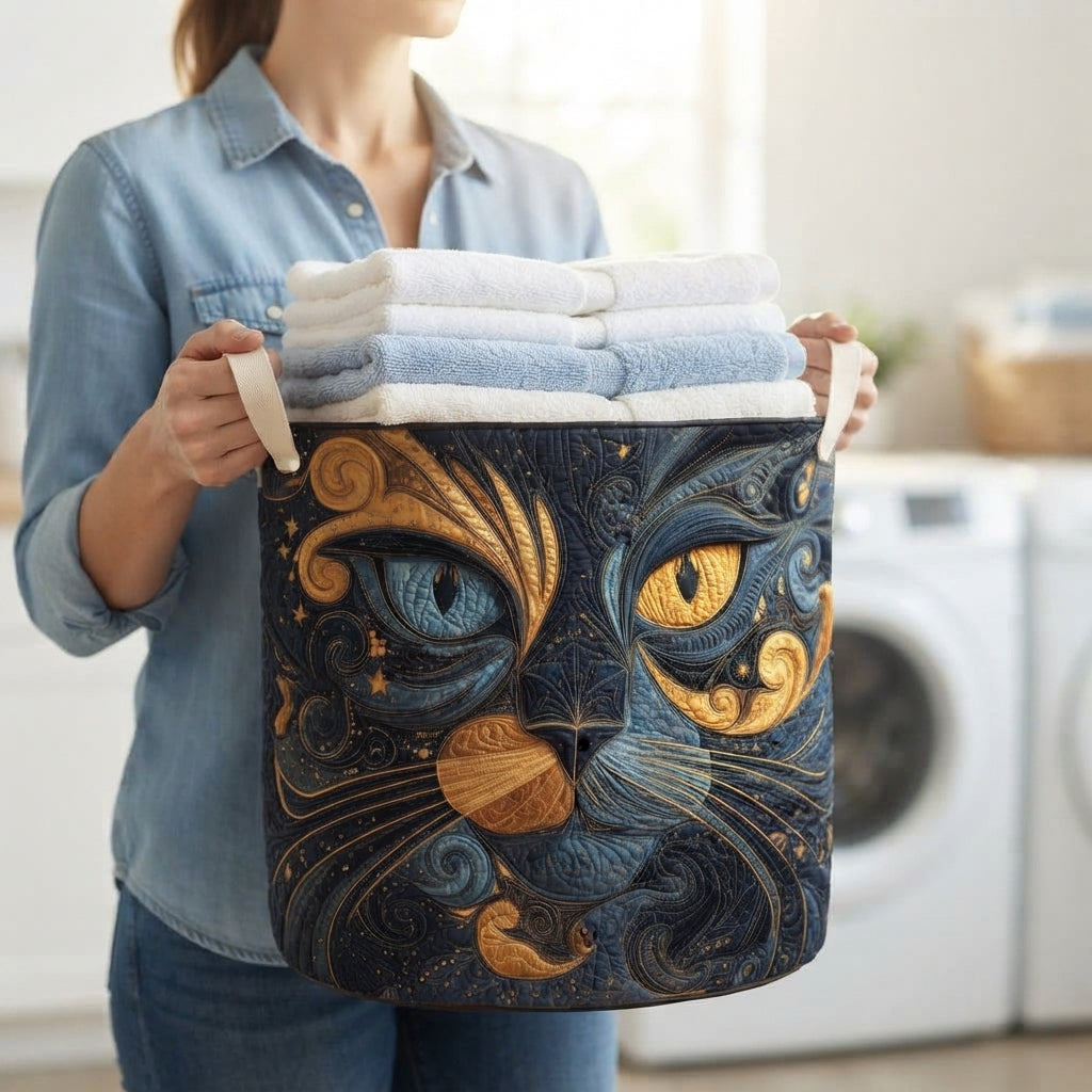 Une femme en chemise en jean tient le panier par ses poignées, rempli de serviettes de toilette pliées, dans une buanderie. 3