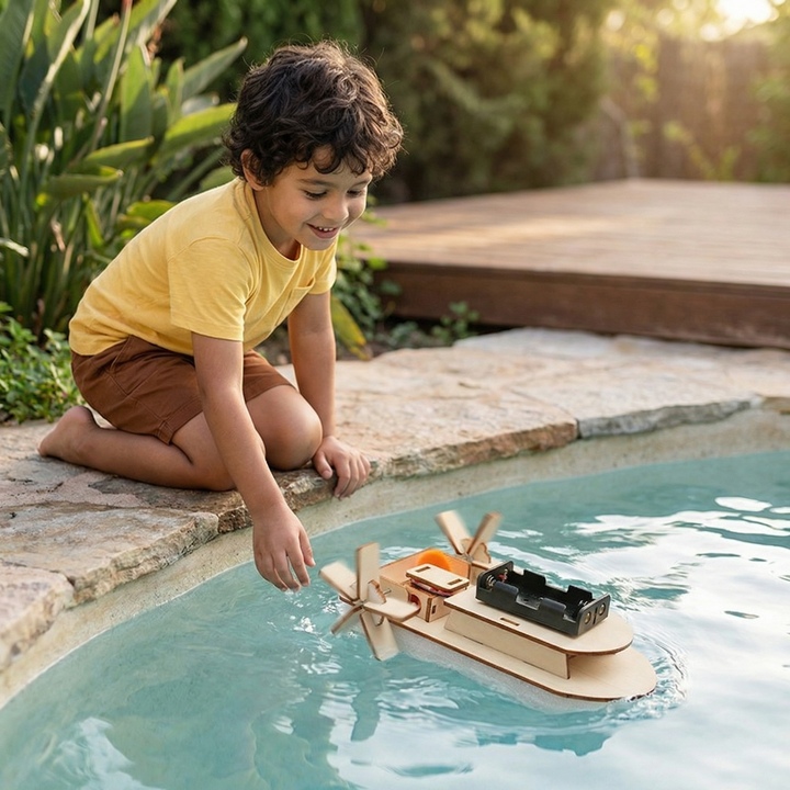 Enfant accroupi au bord d'une piscine, regardant un bateau à aubes en bois avec son compartiment à piles flotter sur l'eau. 6
