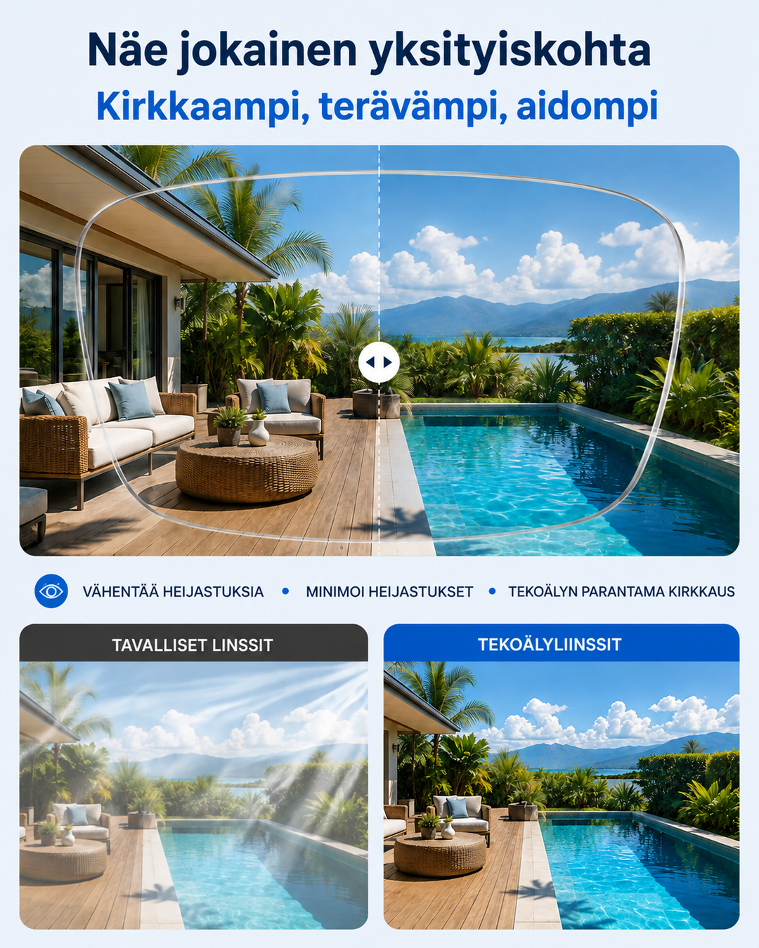 Comparaison côte à côte d'une terrasse avec piscine: image avec reflets à gauche, image nette et plus lumineuse à droite. 5