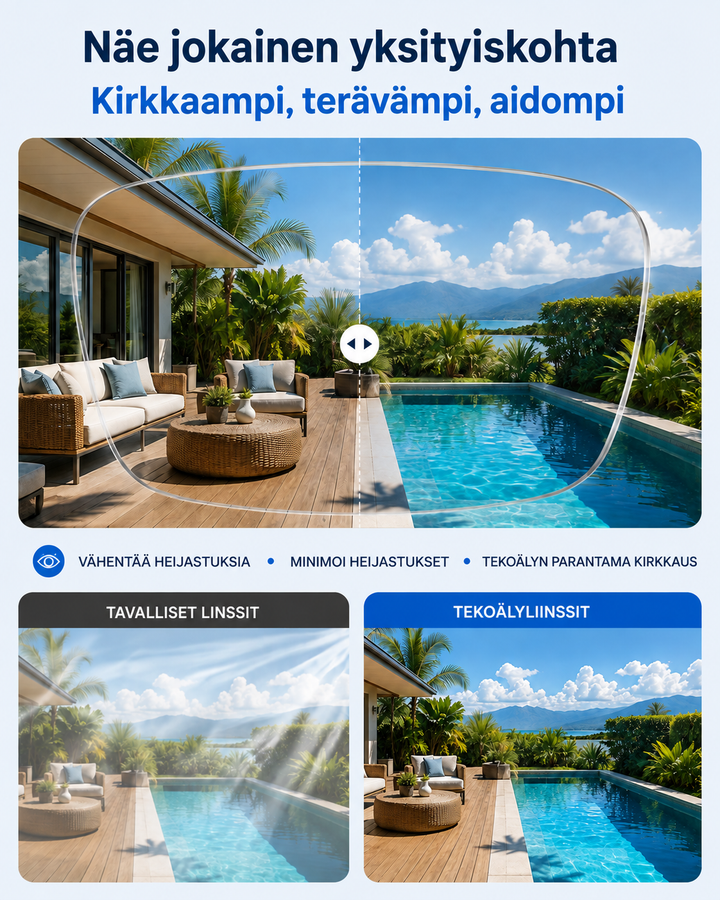 Comparaison côte à côte d'une terrasse avec piscine: image avec reflets à gauche, image nette et plus lumineuse à droite. 5