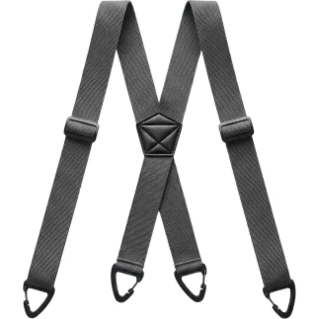 Bretelles grises en X au tissage en chevrons, avec curseurs et quatre pinces noires 7
