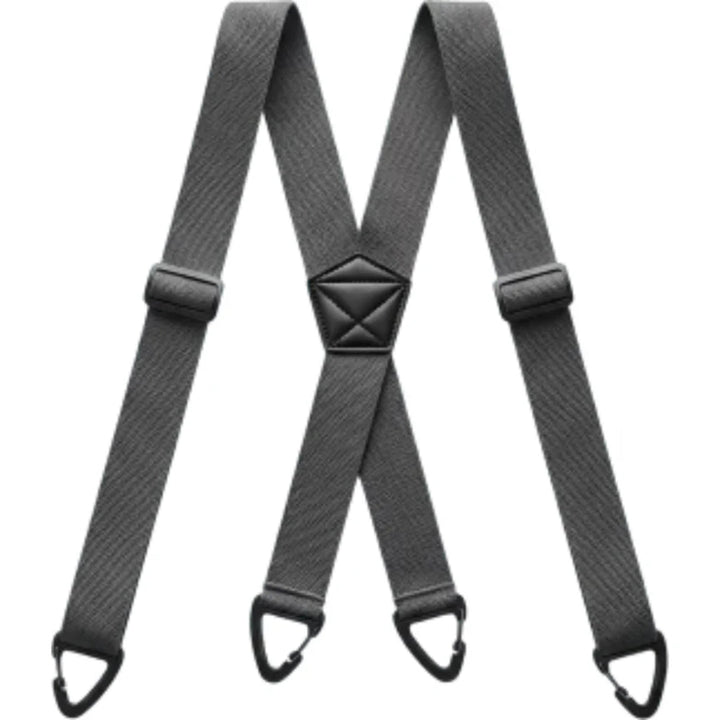 Bretelles grises en X au tissage en chevrons, avec curseurs et quatre pinces noires 7