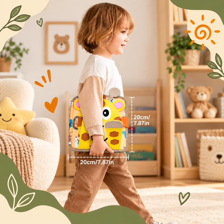 Enfant marchant avec le livre girafe sous le bras, dimensions de vingt centimètres de côté indiquées 12