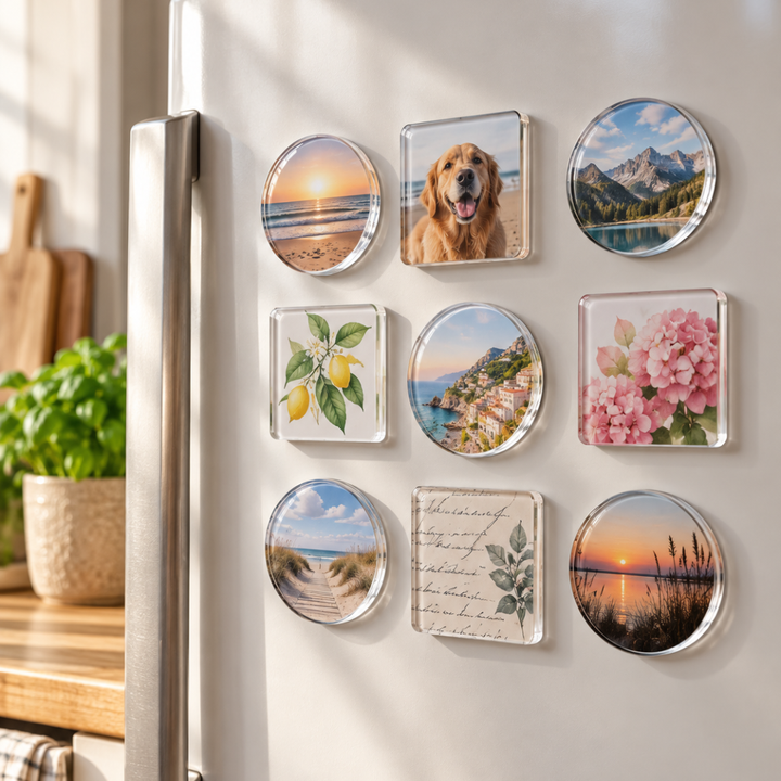 Neuf aimants ronds et carrés aux images variées, alignés sur la porte d'un réfrigérateur en inox 2