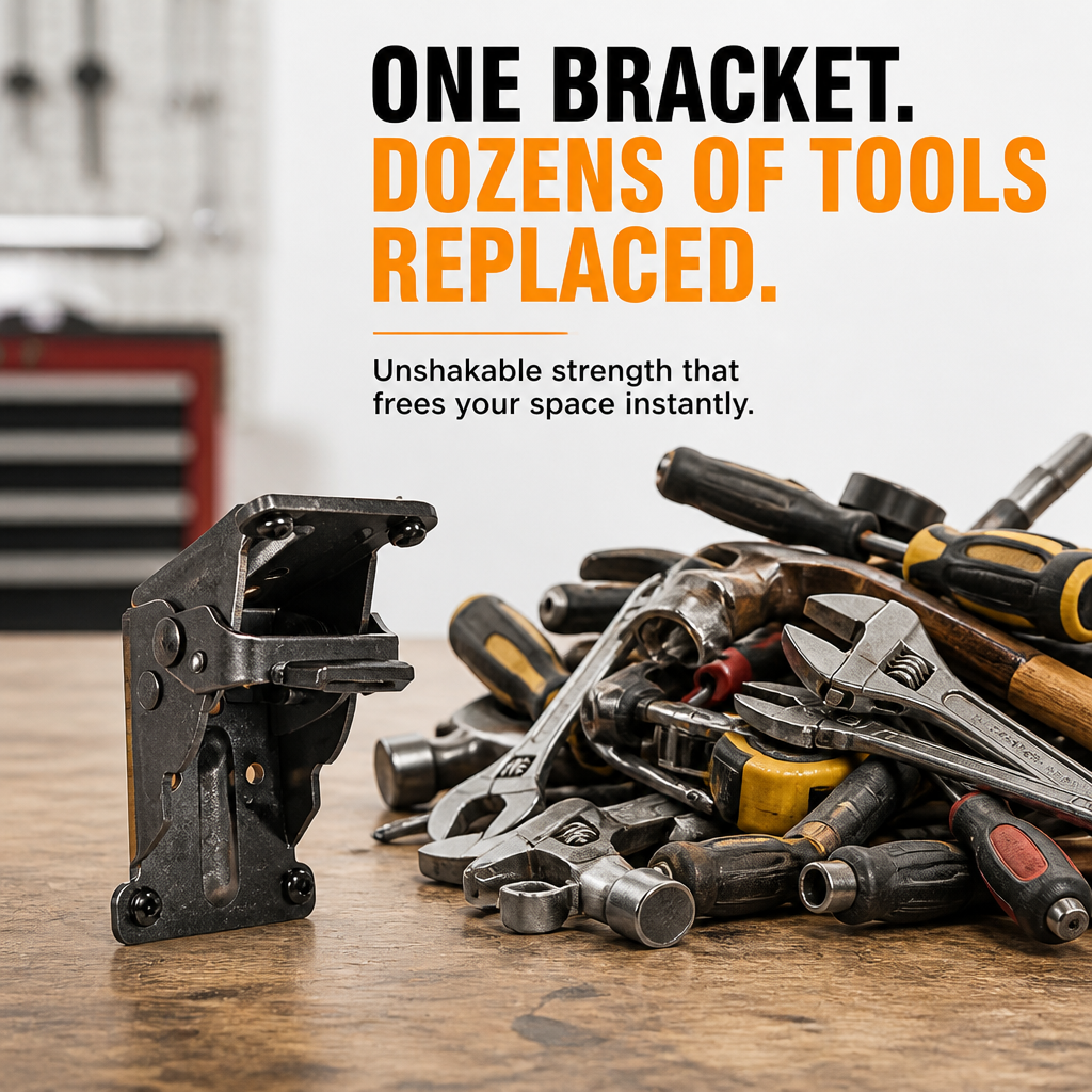 Support noir posé sur un établi en bois à côté d'un tas d'outils, illustrant le gain de place. 6