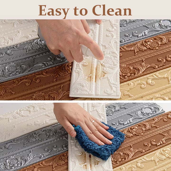 Nettoyage de la bordure en relief avec un spray puis une éponge bleue, sur fond de bandes blanche, grise, cuivrée et dorée. 6