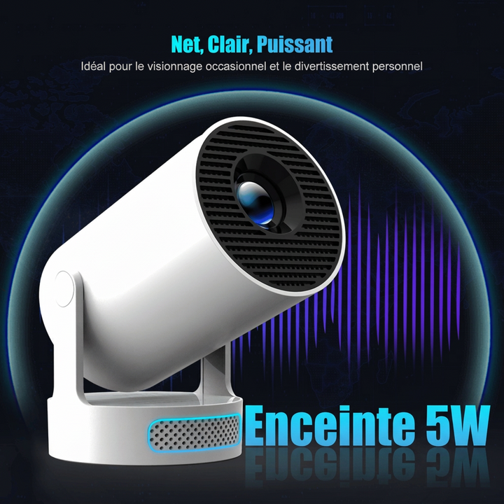 Projecteur blanc vu de trois quarts, grille de haut-parleur du socle éclairée en bleu, ondes sonores violettes en fond 16