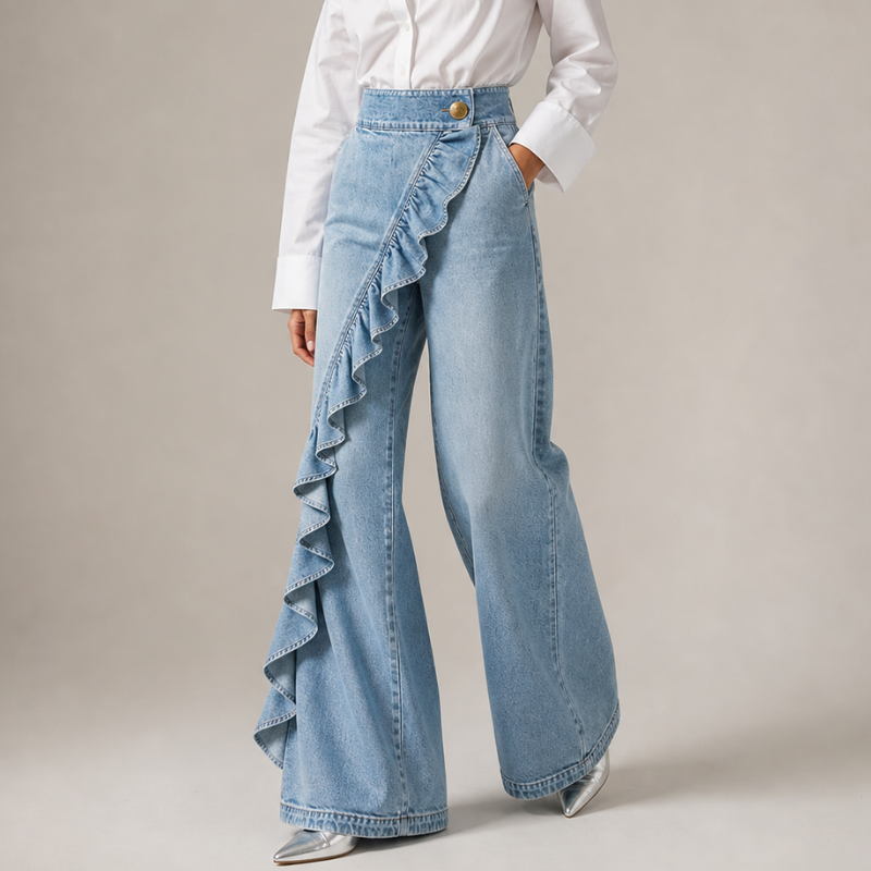 Version en denim bleu clair délavé portée de trois quarts, jambe large évasée et volant asymétrique visible sur le côté gauche. 2