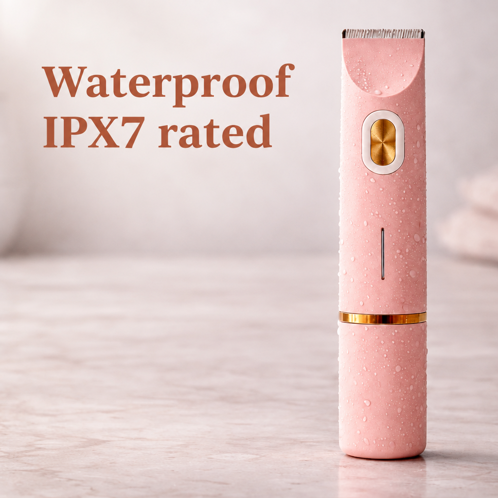 Tondeuse rose couverte de gouttelettes d'eau sur une surface en marbre, illustrant son indice d'étanchéité. 11
