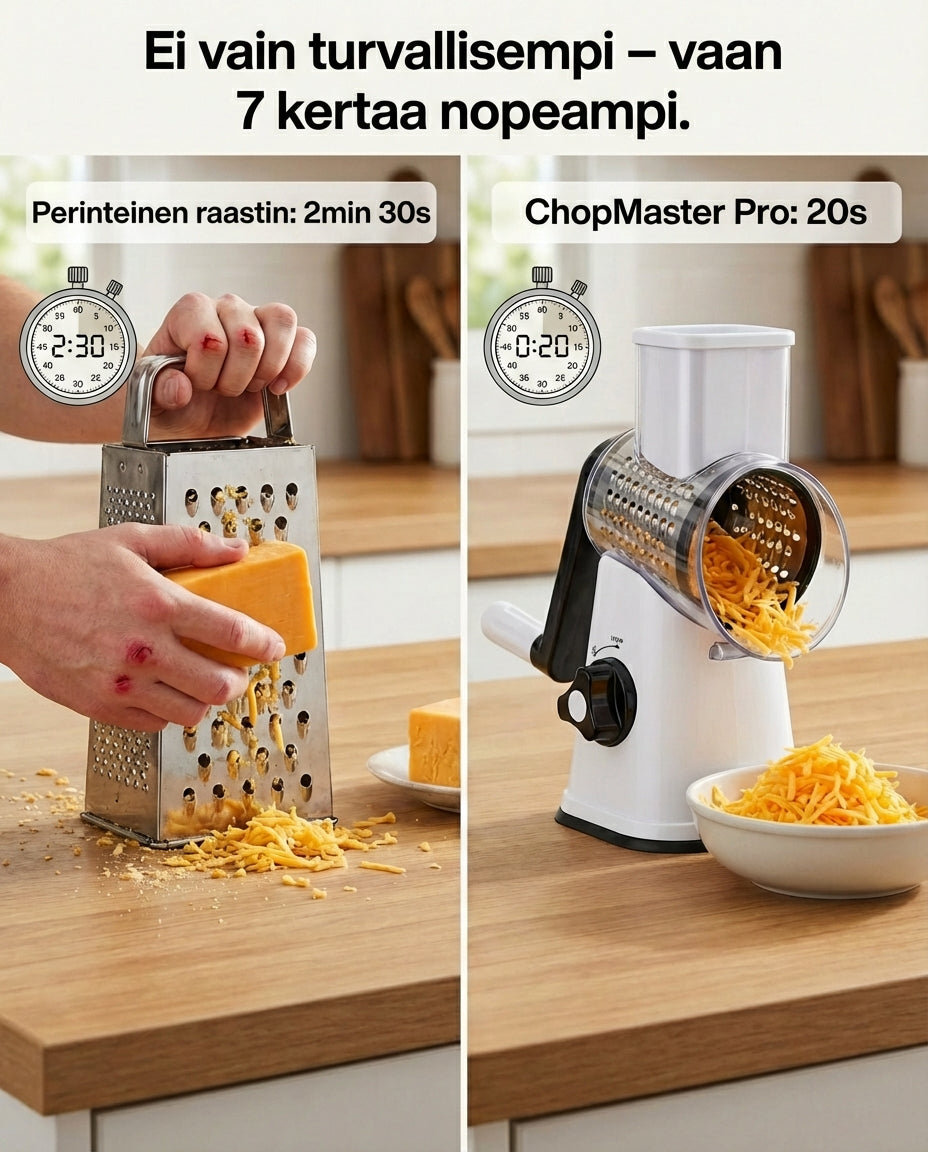 Comparaison de rapidité entre une râpe à main classique, mains écorchées, et l'appareil rotatif blanc qui râpe le fromage, chronomètres affichés. 4