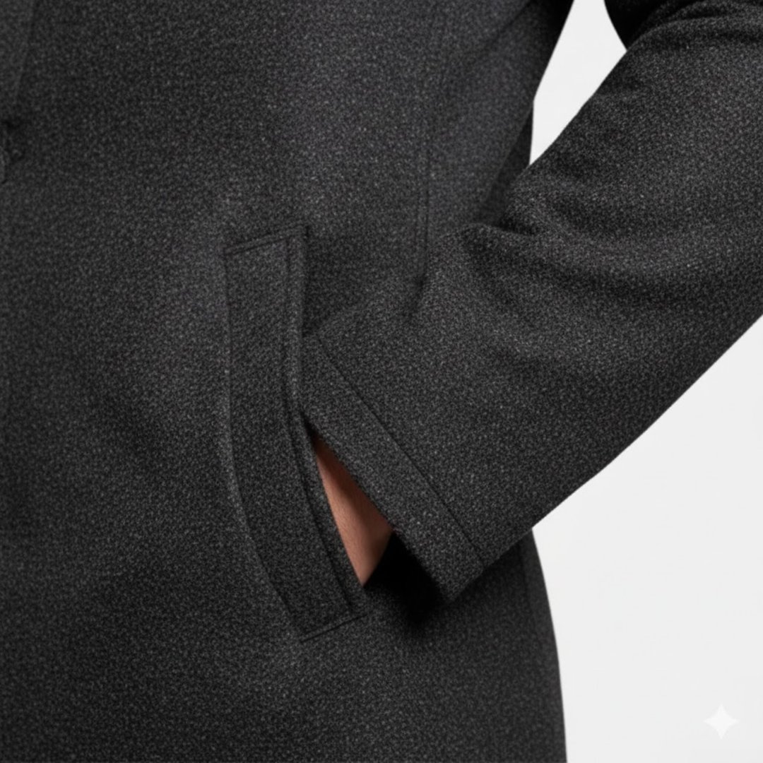 Gros plan sur une poche passepoilée du manteau gris chiné, main glissée à l'intérieur 8