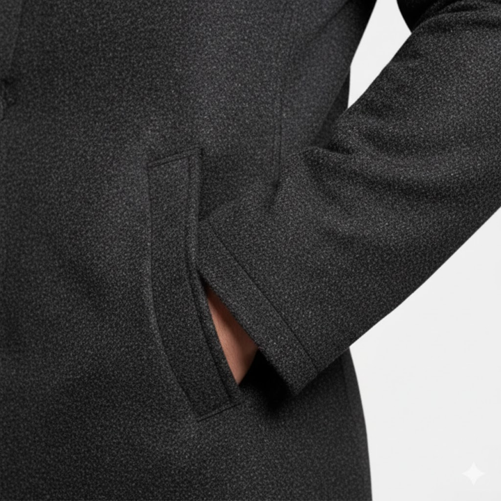 Gros plan sur une poche passepoilée du manteau gris chiné, main glissée à l'intérieur 8