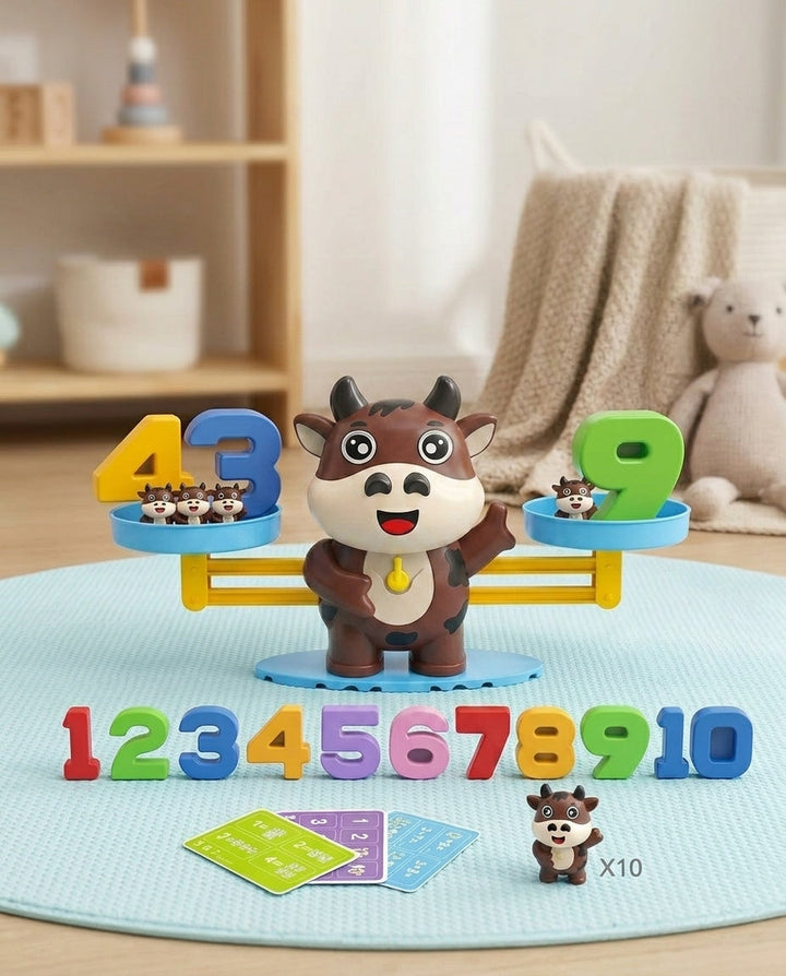 Balance vache marron sur un tapis bleu, avec dix figurines, chiffres de 1 à 10 et cartes 6