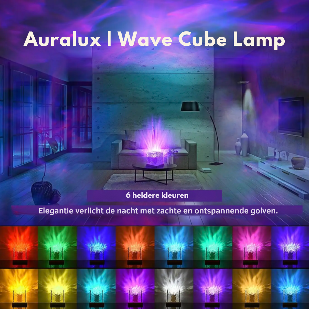 Lampe cube violette sur une table basse dans un grand salon, avec planche de seize couleurs d'éclairage différentes en bas. 9