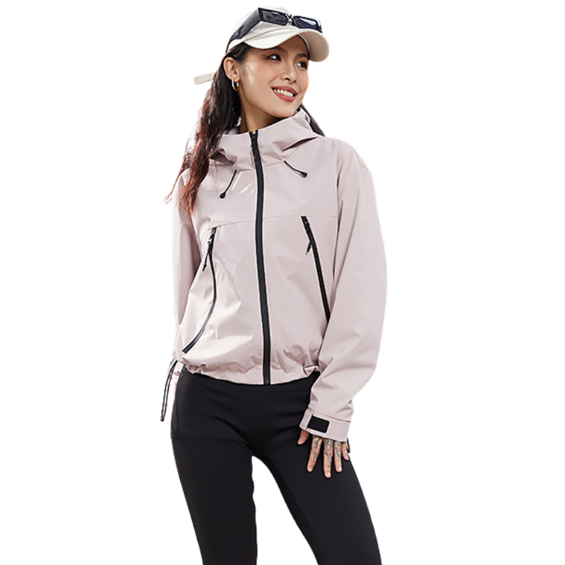 Veste rose pâle portée de trois quarts, ourlet resserré par des cordons et poignets ajustables 10