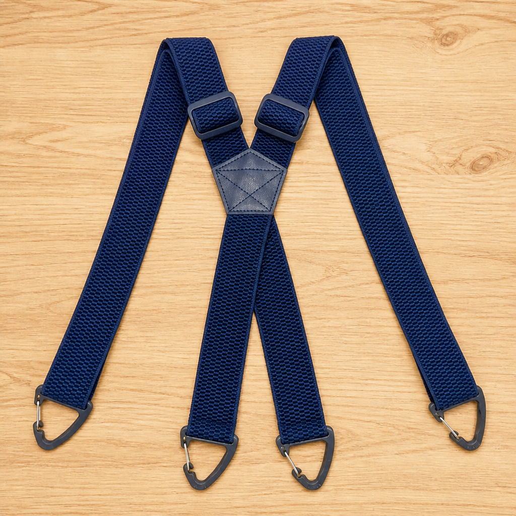 Bretelles bleu marine en X, boucles de réglage près du croisement, pièce centrale piquée et quatre crochets triangulaires. 12