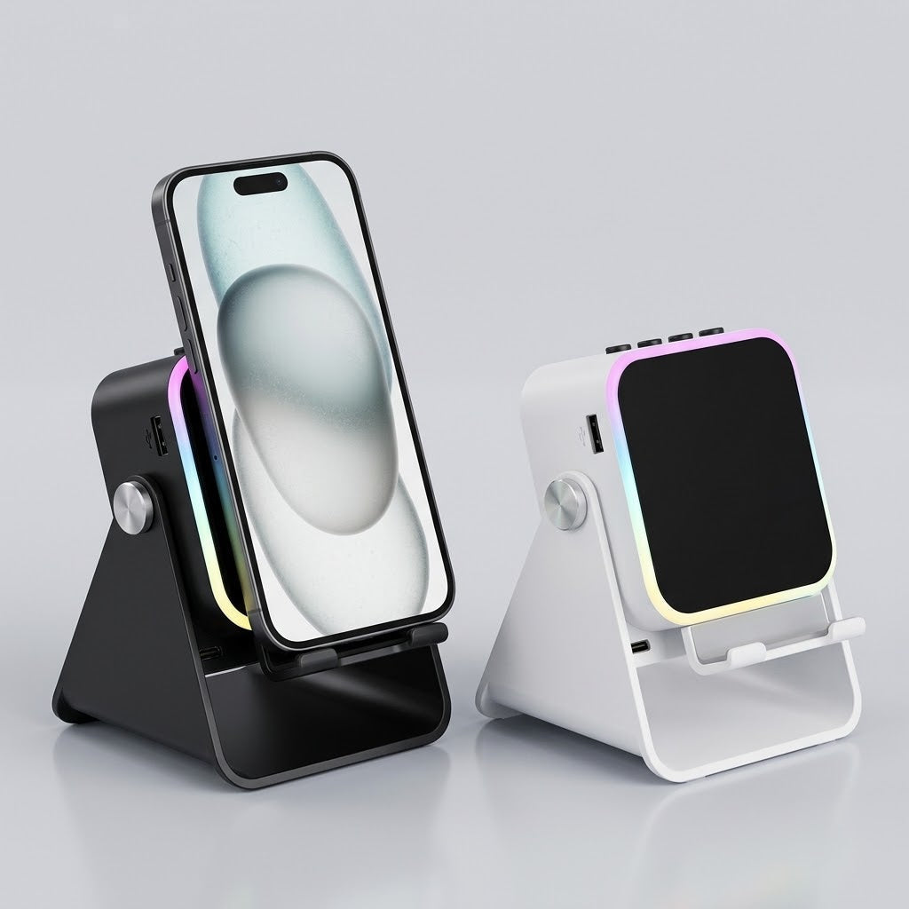 Deux supports côte à côte, l'un noir avec un téléphone, l'autre blanc vu de dos 3