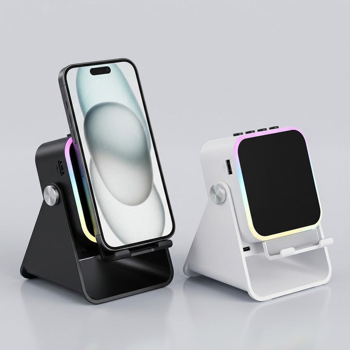 Deux supports côte à côte, l'un noir avec un téléphone, l'autre blanc vu de dos 3