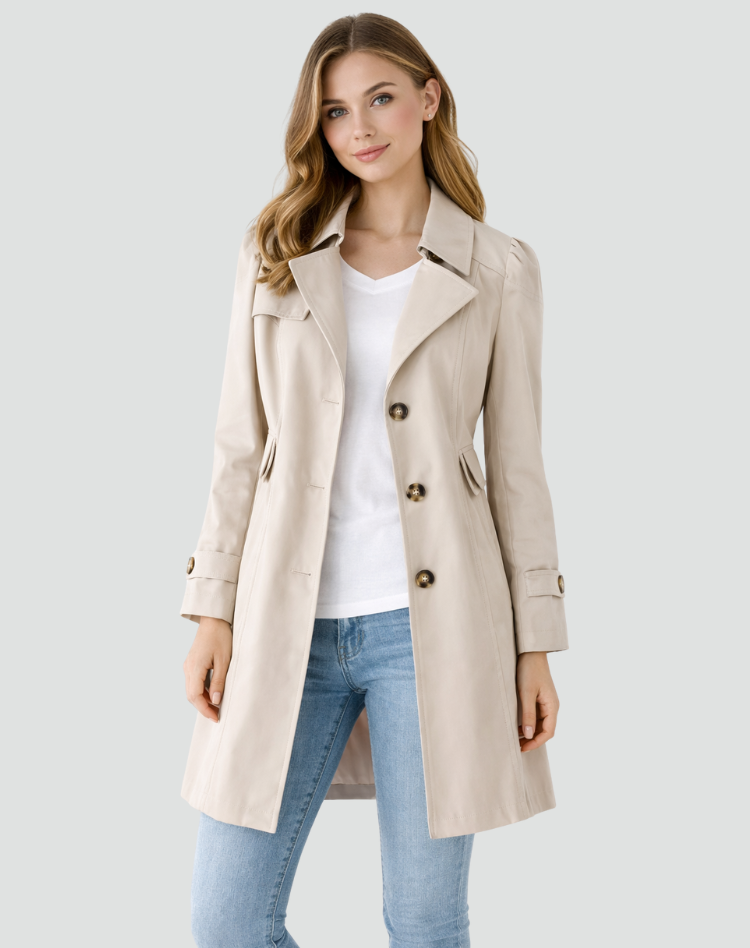 Vue de face du trench beige clair, boutons écaille et poignets à pattes, porté avec un t-shirt blanc et un jean. 3