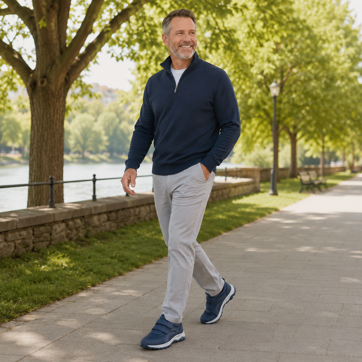 Homme souriant en pull marine et pantalon gris marchant le long d'un quai, chaussé de baskets bleues 18