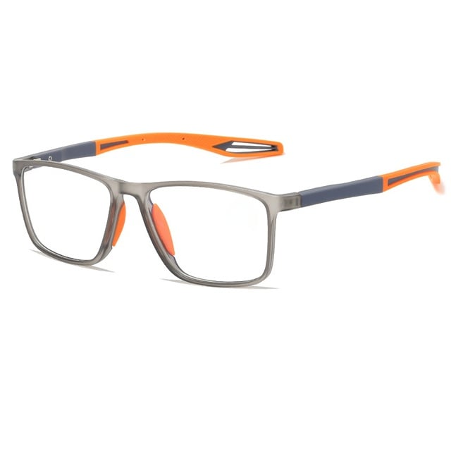 Lunettes à monture grise translucide, branches bleu-gris et embouts orange, vues de trois quarts sur fond blanc. 12