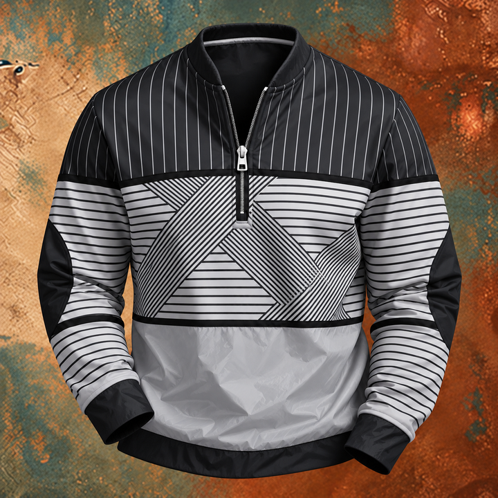 Pull à demi-zip noir et blanc avec rayures fines, motif géométrique sur le buste et empiècements aux coudes, sur fond texturé. 3