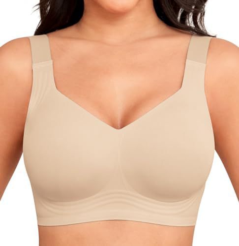 Vue de face du soutien-gorge beige porté par un mannequin, bretelles larges et bas ondulé 1