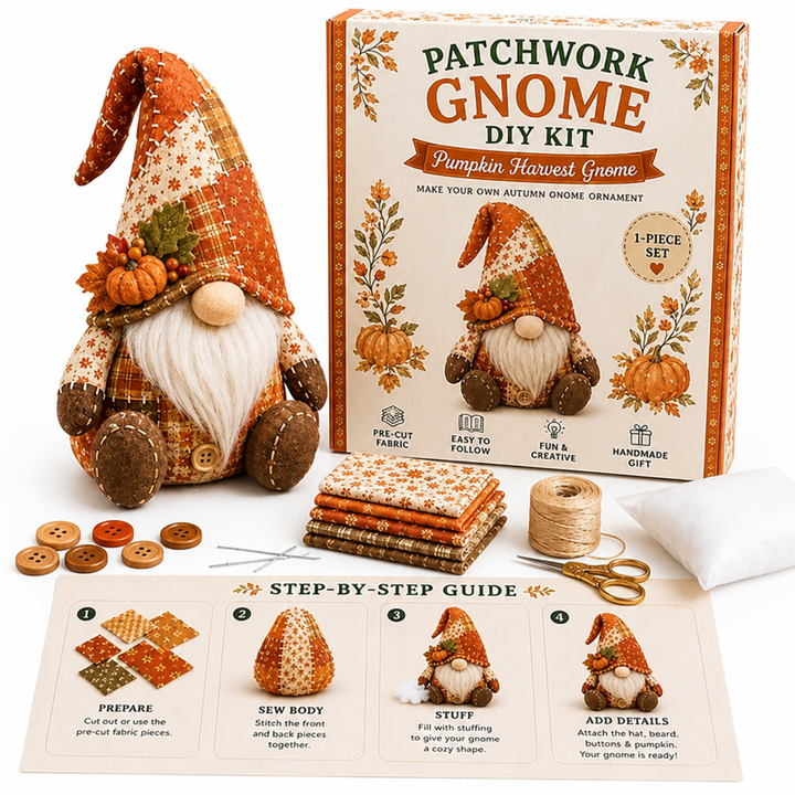 Nain patchwork orange d'automne avec petite citrouille, boîte du kit, tissus prédécoupés, boutons, aiguilles et guide en 8