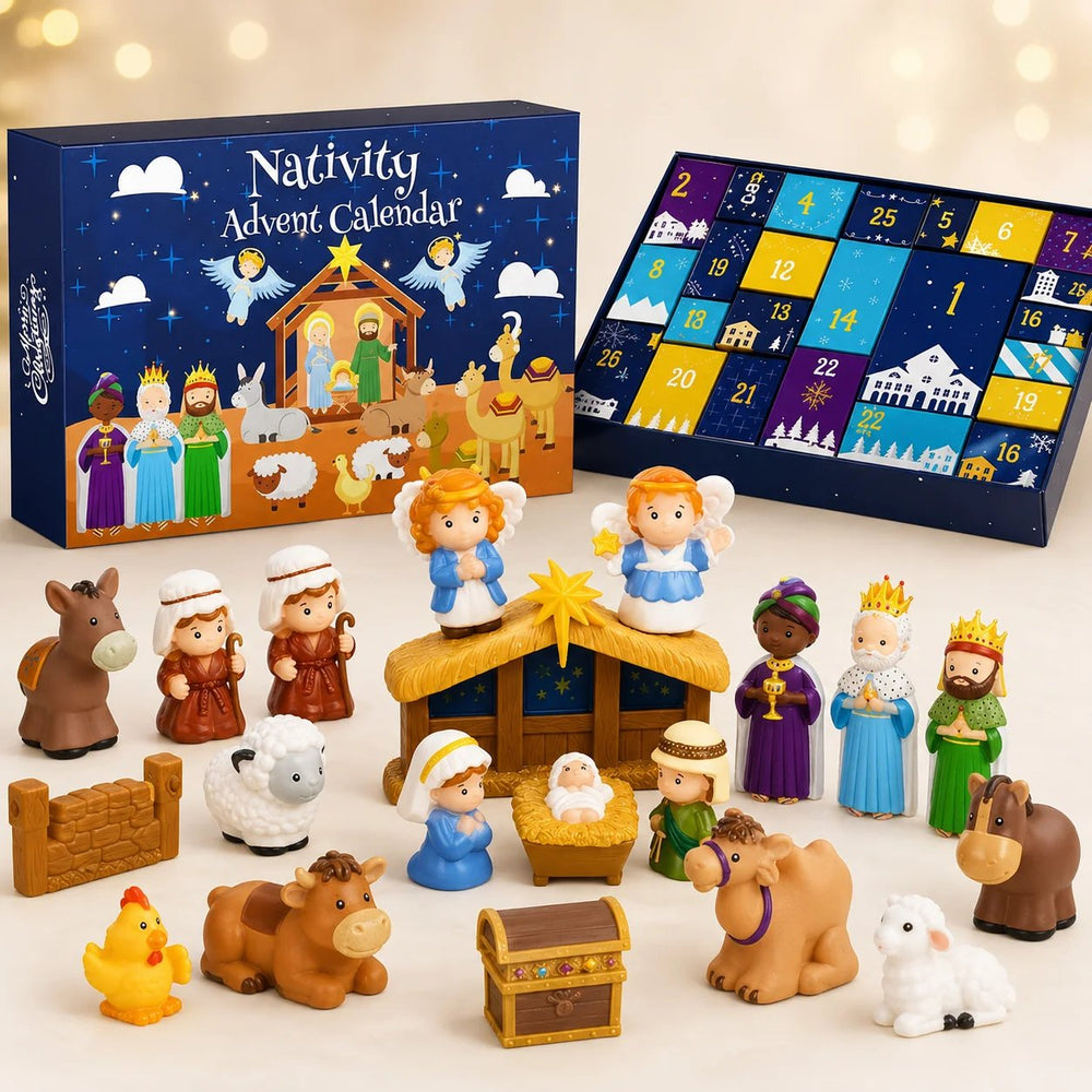 Boîte bleue, calendrier ouvert et figurines de la crèche alignées sur fond clair avec lumières floues 2