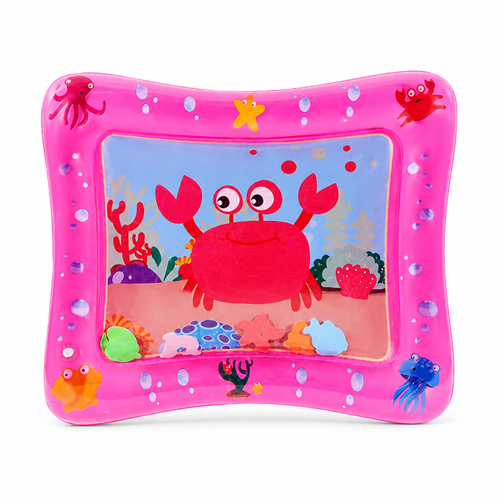 Tapis d'eau rectangulaire rose avec un grand crabe rouge souriant au centre et de petites figurines colorées flottant en bas. 9