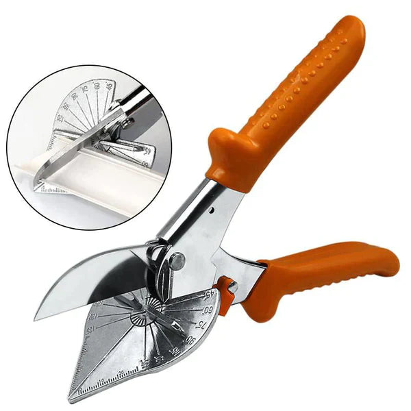 Ciseaux à poignées orange fermés, avec une vignette circulaire montrant la coupe d'un profilé blanc 1