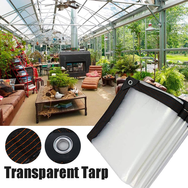 Coin de la bâche transparente à bordure noire renforcée, avec deux gros plans sur le tissage et l'œillet, devant une véranda aménagée. 2