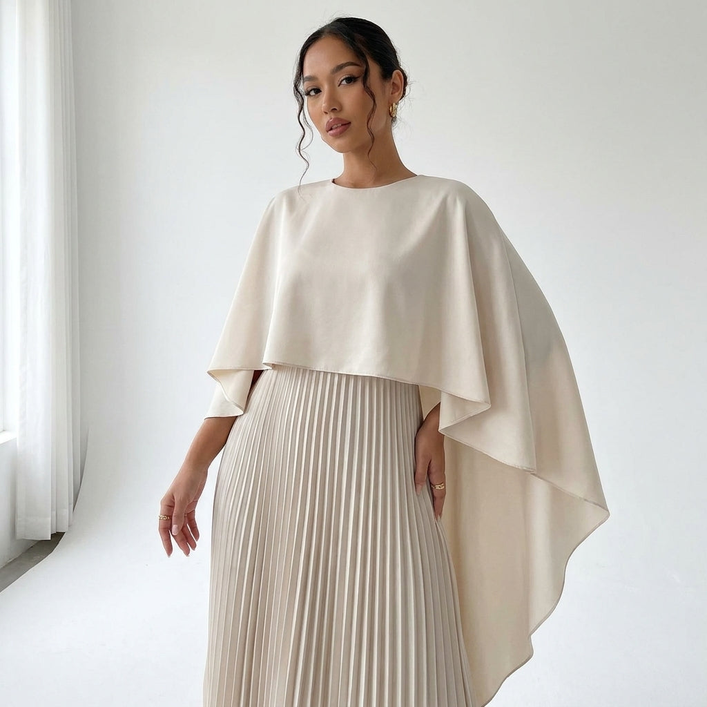 Gros plan sur le buste en robe beige avec cape drapée et plis fins 2