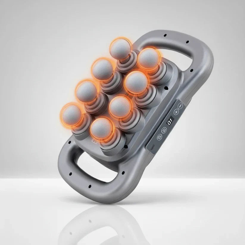 Appareil gris vu de trois quarts, ses huit têtes rondes entourées d'un halo orange, avec deux poignées et un écran de commande. 2