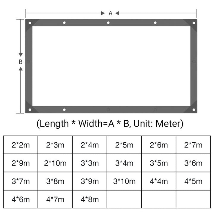 Schéma de la bâche rectangulaire avec ses œillets et tableau des dimensions disponibles, de 2 par 2 à 4 par 8 mètres. 9