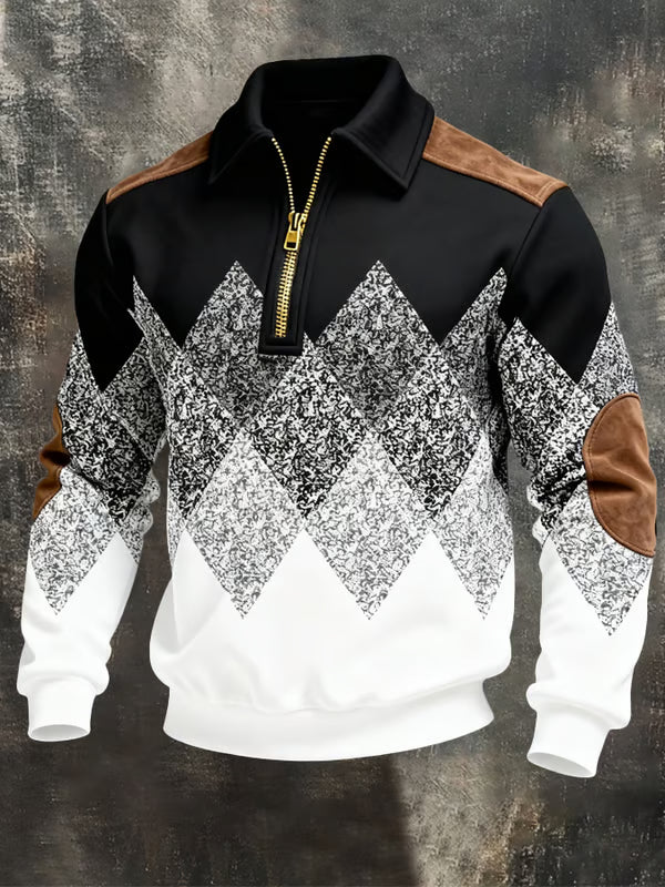 Pull noir et blanc à losanges chinés, zip doré, empiècements marron aux épaules et coudes 1