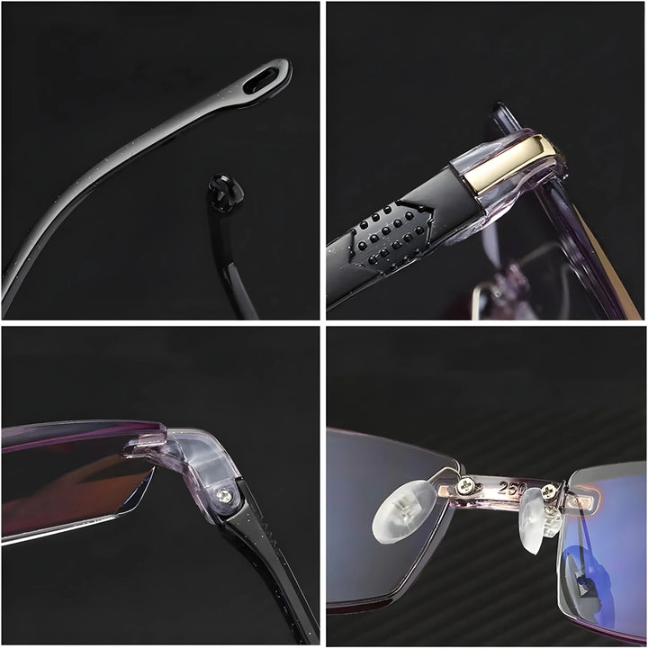 Quatre gros plans : embout de branche, texture antidérapante, charnière à vis et plaquettes de nez transparentes. 4