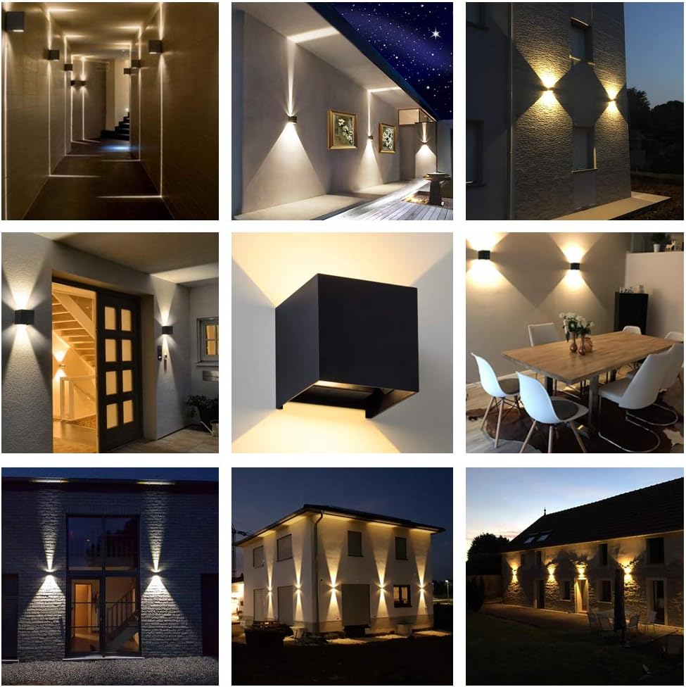 Planche de neuf scènes montrant des appliques cubiques éclairant couloirs, façades, entrées de maison et salle à manger, de jour comme de nuit. 13