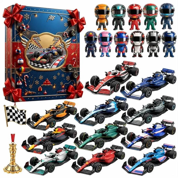 Version Formule 1: boîte bleue et rouge à rubans, monoplaces miniatures, petits pilotes casqués, drapeau à damier et trophée 13