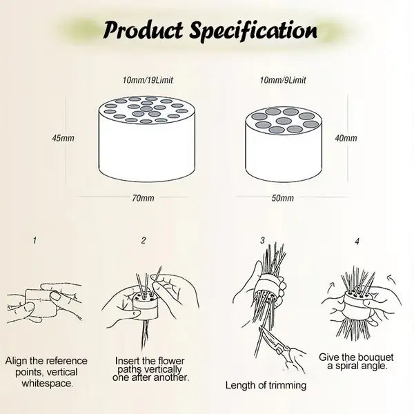 Schéma des deux tailles d'insert avec leurs dimensions et quatre étapes illustrées pour glisser, couper et disposer les tiges en spirale. 6