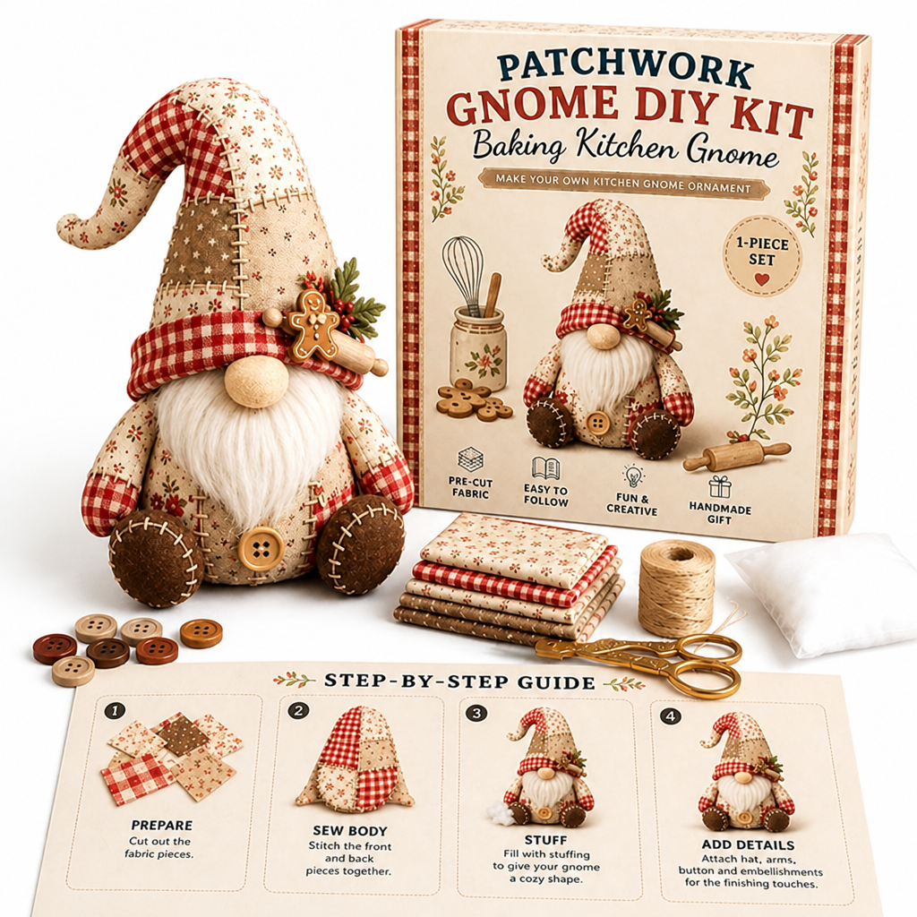 Nain patchwork rouge et beige style cuisine avec biscuit, boîte du kit, tissus, ficelle, ciseaux et guide illustré 7