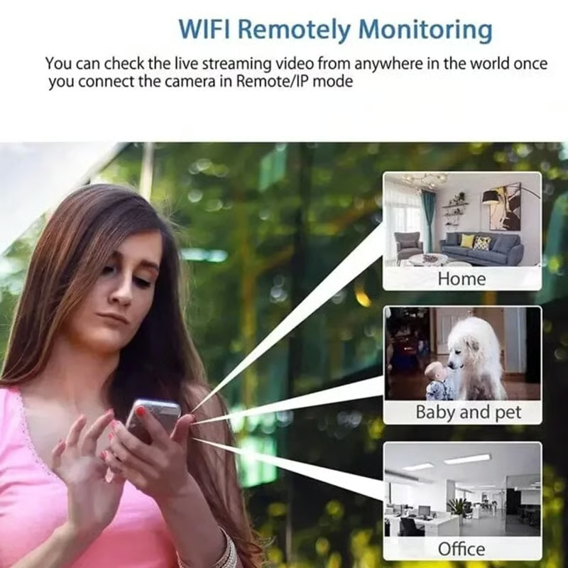 Femme consultant son smartphone, avec trois vignettes de surveillance à distance : maison, bébé avec animal et bureau. 5