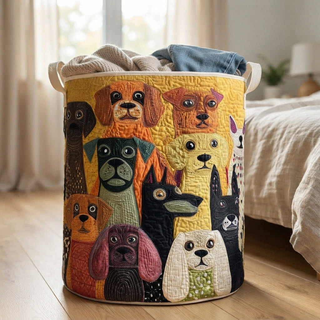 Panier à motif de chiens rempli de vêtements et de plaids, posé sur un parquet au pied d'un lit. 5