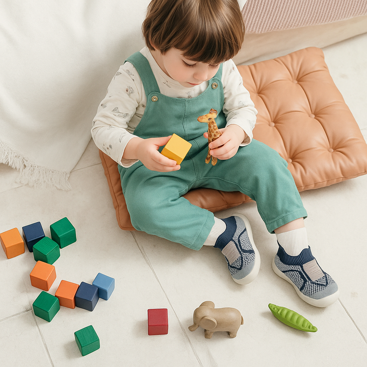 Tout-petit assis sur un coussin, jouant avec des cubes colorés et des figurines, chaussé de chaussures chaussettes en maille bleu marine et grise. 1