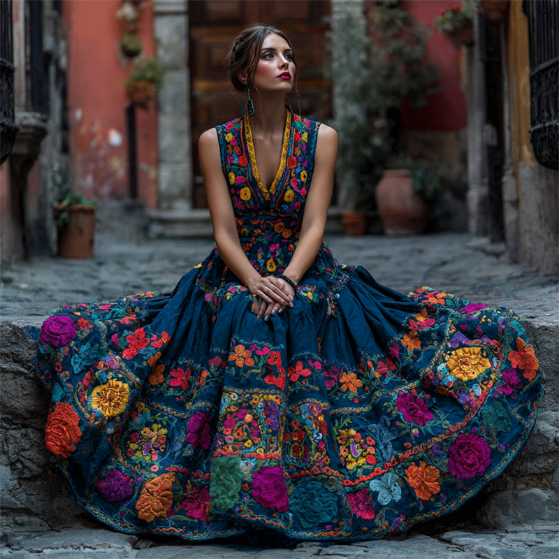 Même modèle assis sur une marche en pierre avec la robe bleu foncé, broderies florales multicolores et jupe volumineuse. 2