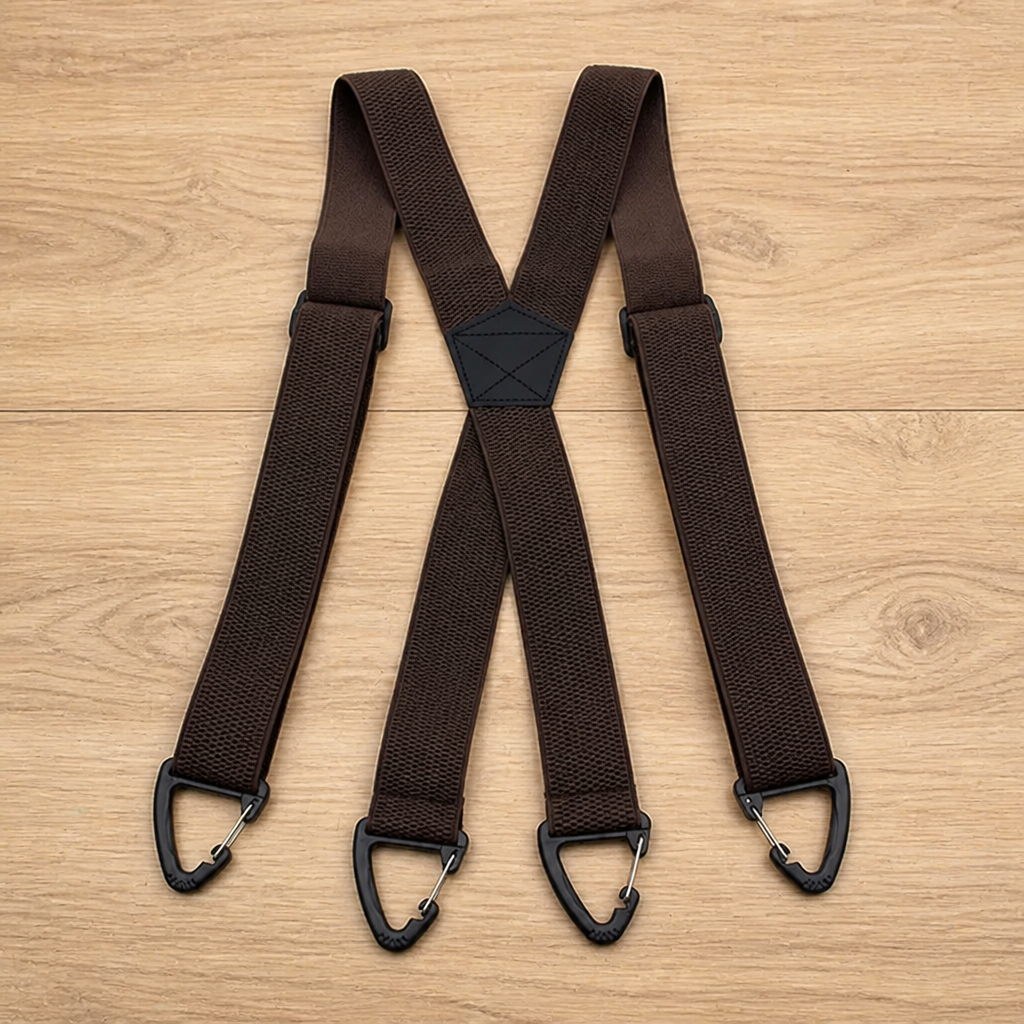 Bretelles marron foncé en X avec pièce centrale noire et quatre crochets triangulaires noirs, posées sur du bois clair. 18
