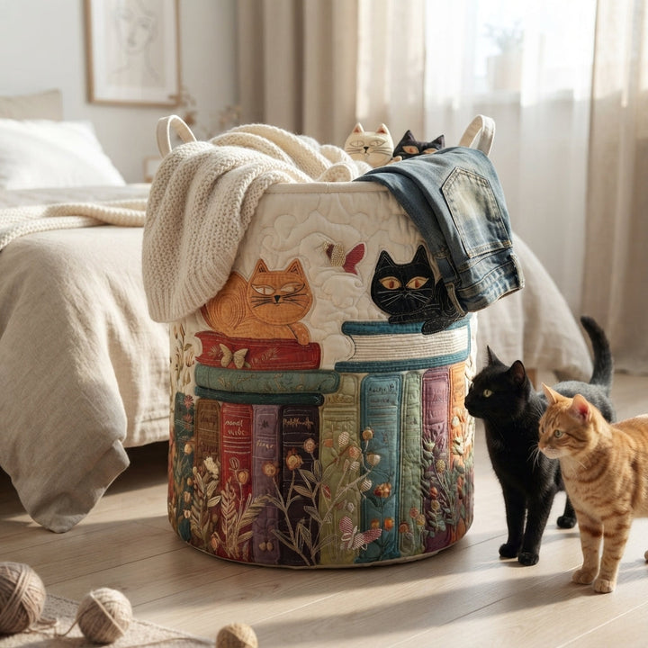Panier débordant d'un plaid tricoté et d'un jean, dans une chambre, avec un chat noir et un chat roux à côté. 5