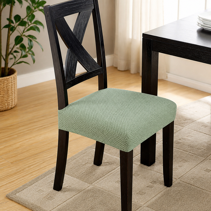 Chaise noire Ă  dossier croisĂ© avec housse d'assise verte texturĂ©e, posĂ©e sur un tapis beige près d'une table sombre. 7