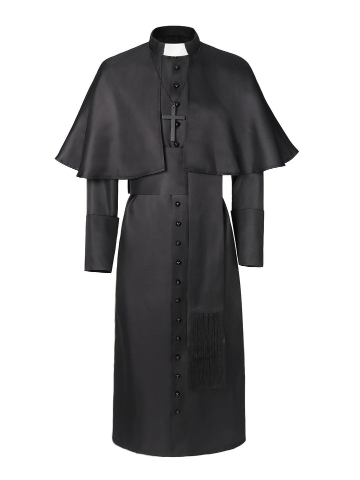 Ensemble complet noir vu de face, présenté à plat, avec cape, croix, ceinture à franges et boutons 3