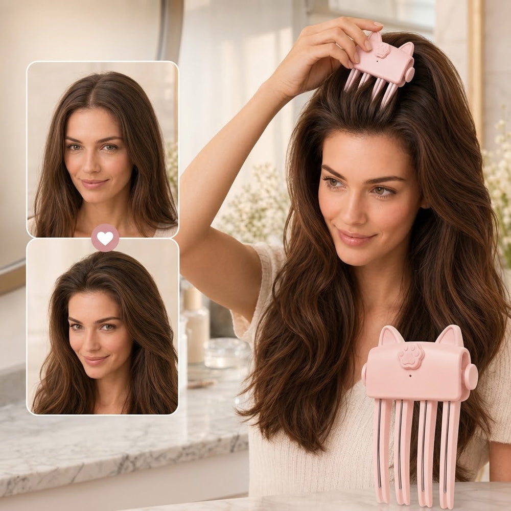 Femme brune appliquant le styler rose sur ses racines, avec comparaison avant et après en deux petits cadres 2